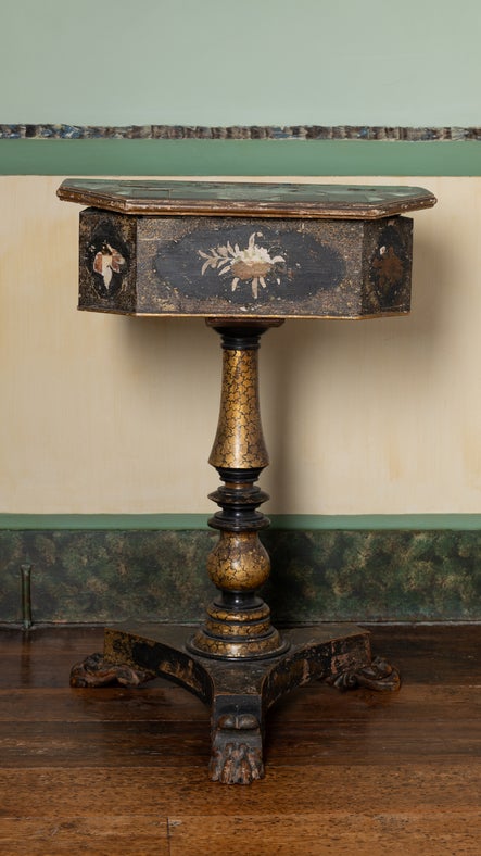 Side-view of the painted Vesuvius Table at A la Ronde, Devon.